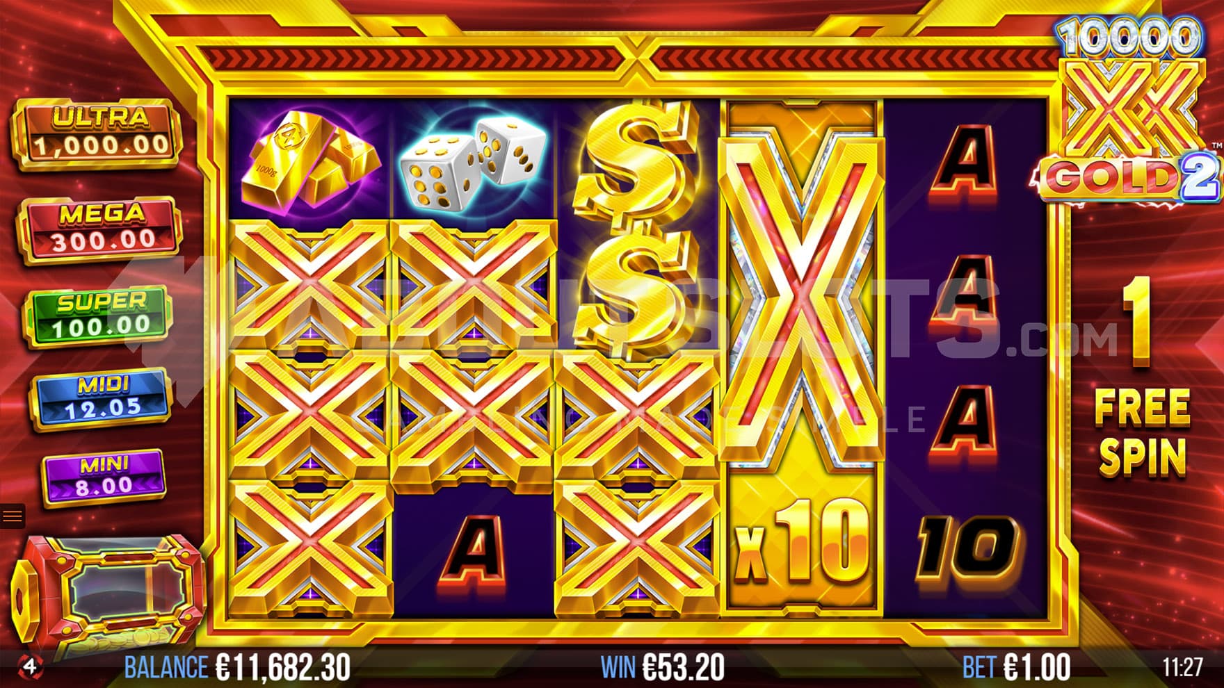 Free Spins bonus in progress, showing multiple X symbols forming a win and a full stack with an x10 multiplier on reel 4.