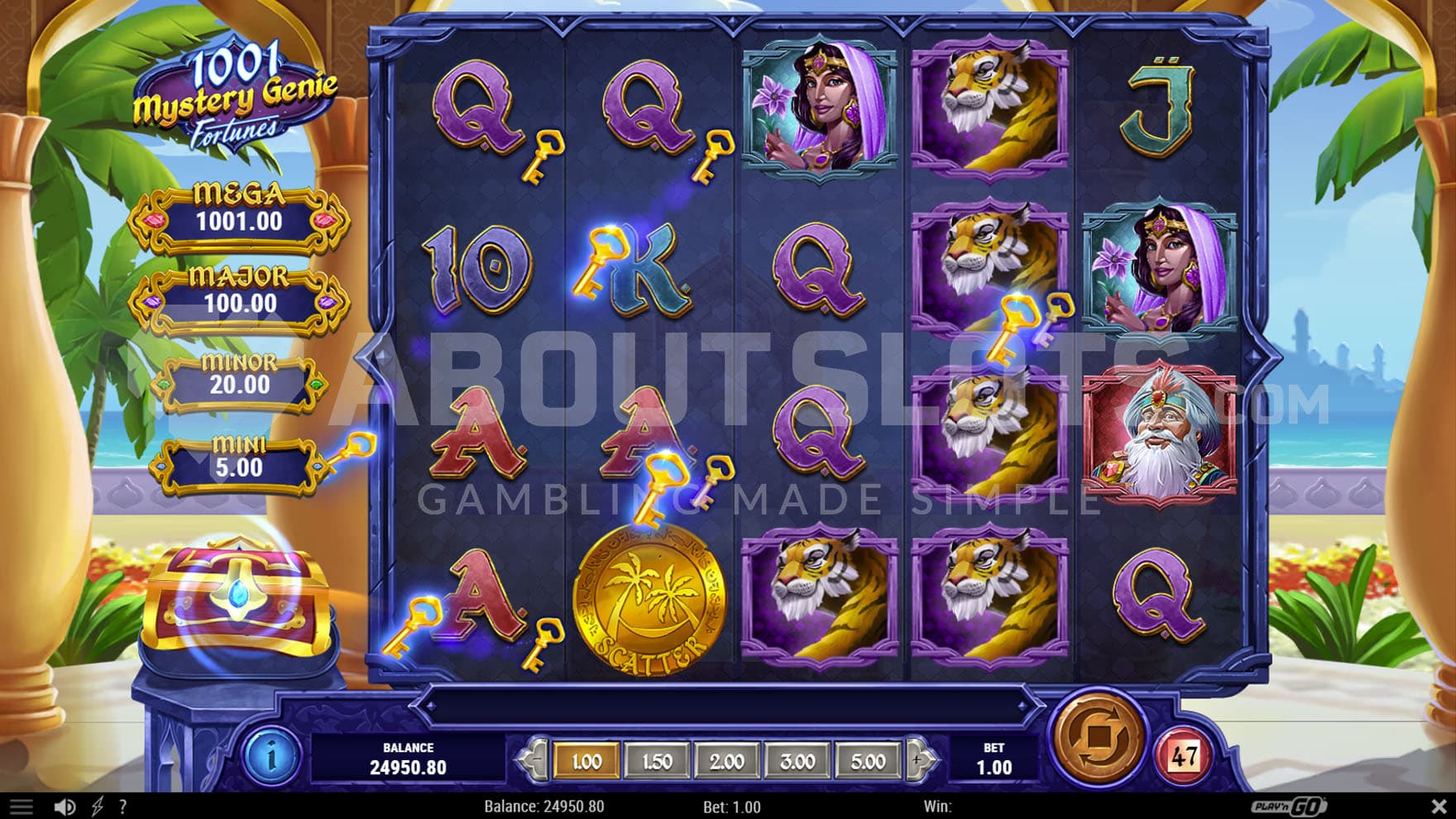 Base game view of a 5x4 grid on a backdrop of a tropical Arabic climate.