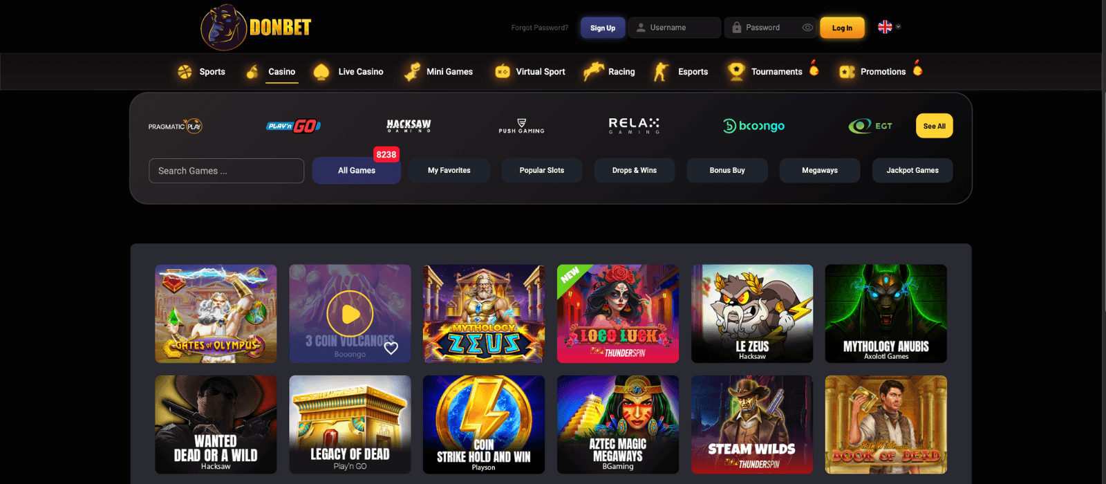 Selection of games offered at Donbet