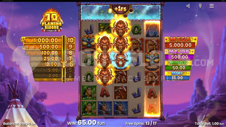 Free Spins bonus game with six flaming bisons on the reels.