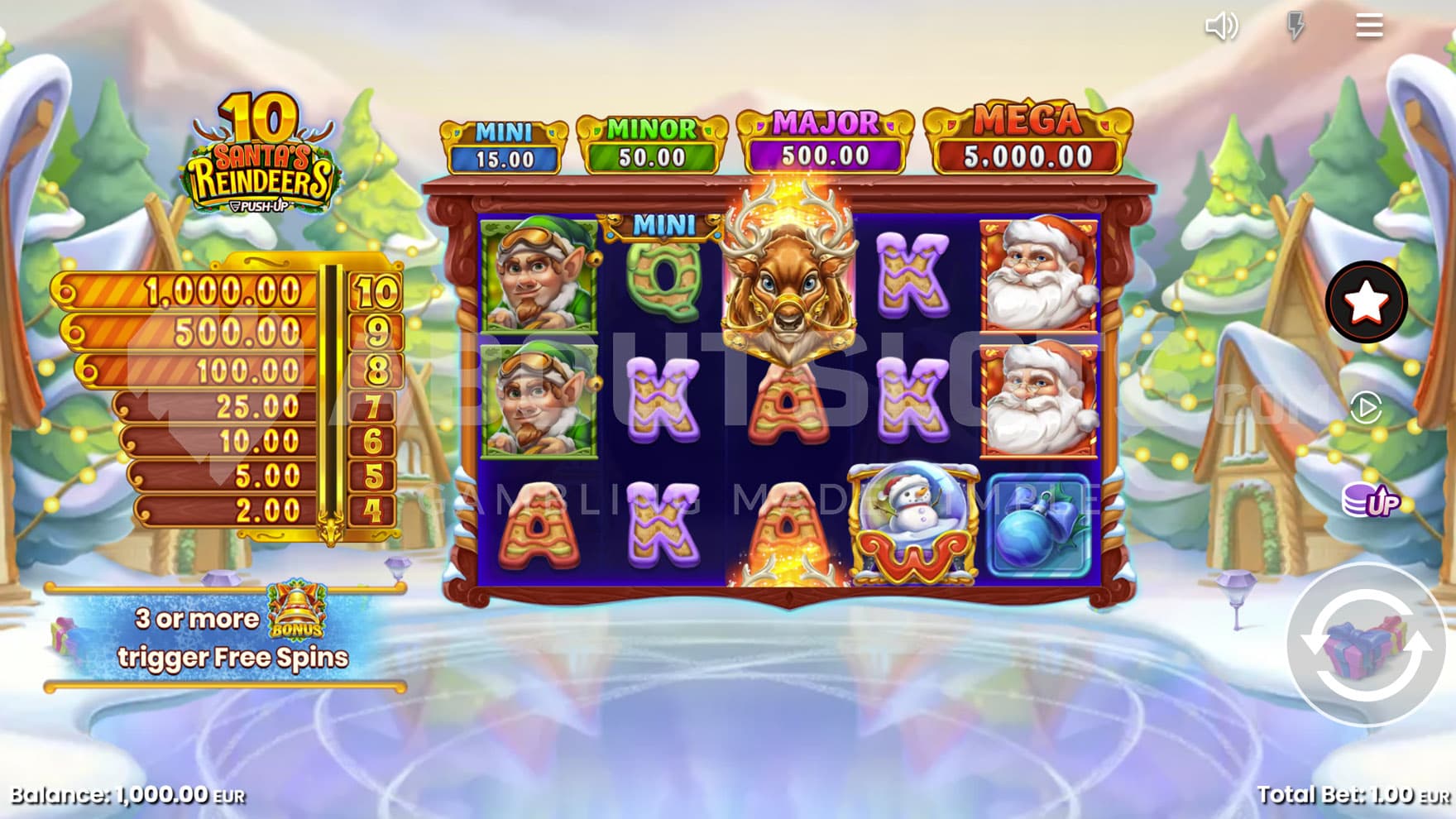 Base Game view of a 5x3 grid on a backdrop of a wintery fairytale village.