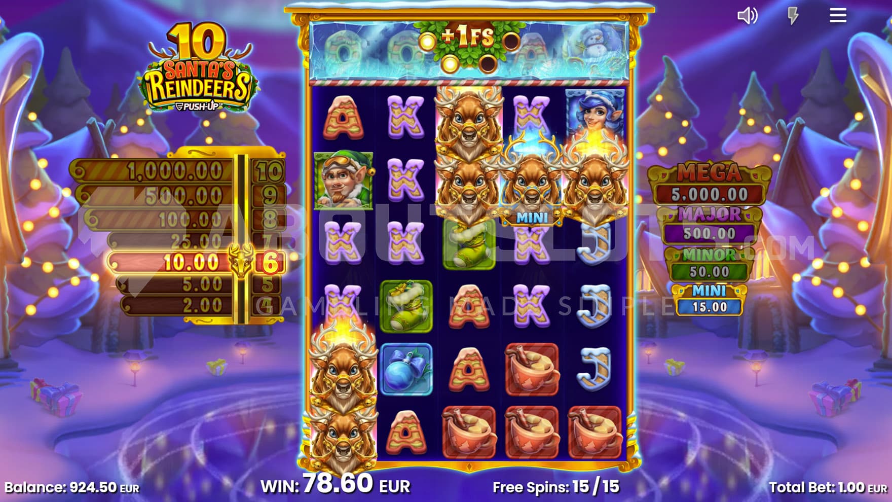 Free Spins bonus in progress, showing multiple Reindeer symbols awarding instant prizes.