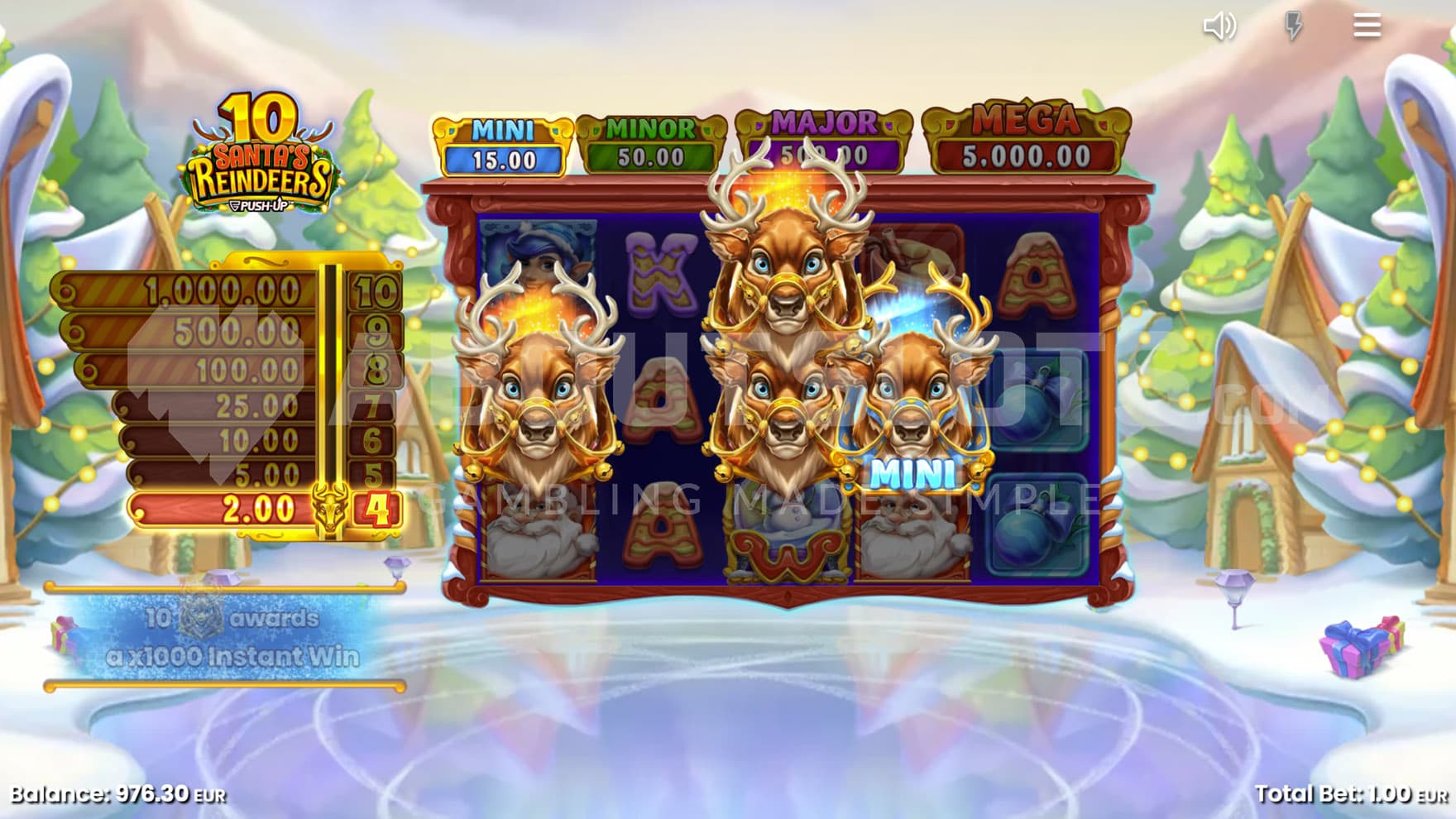 Several Reindeer symbols scored in a single base game spin, awarding instant prizes.