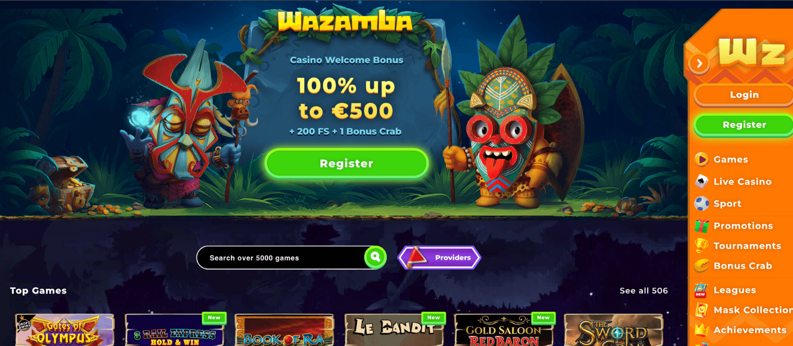 Wazamba home page with welcome bonus
