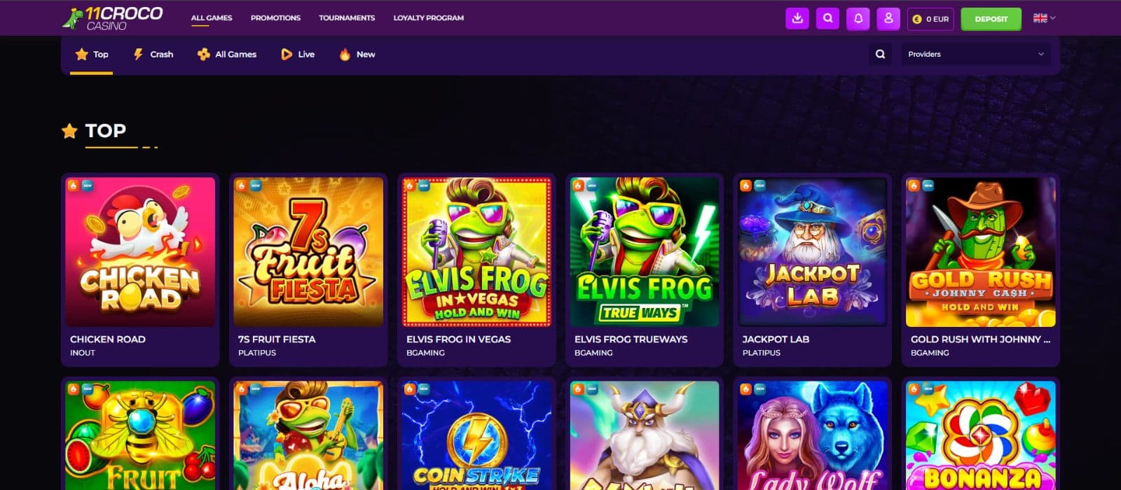 11Croco Casino games page showing a selection of slots and the game categories