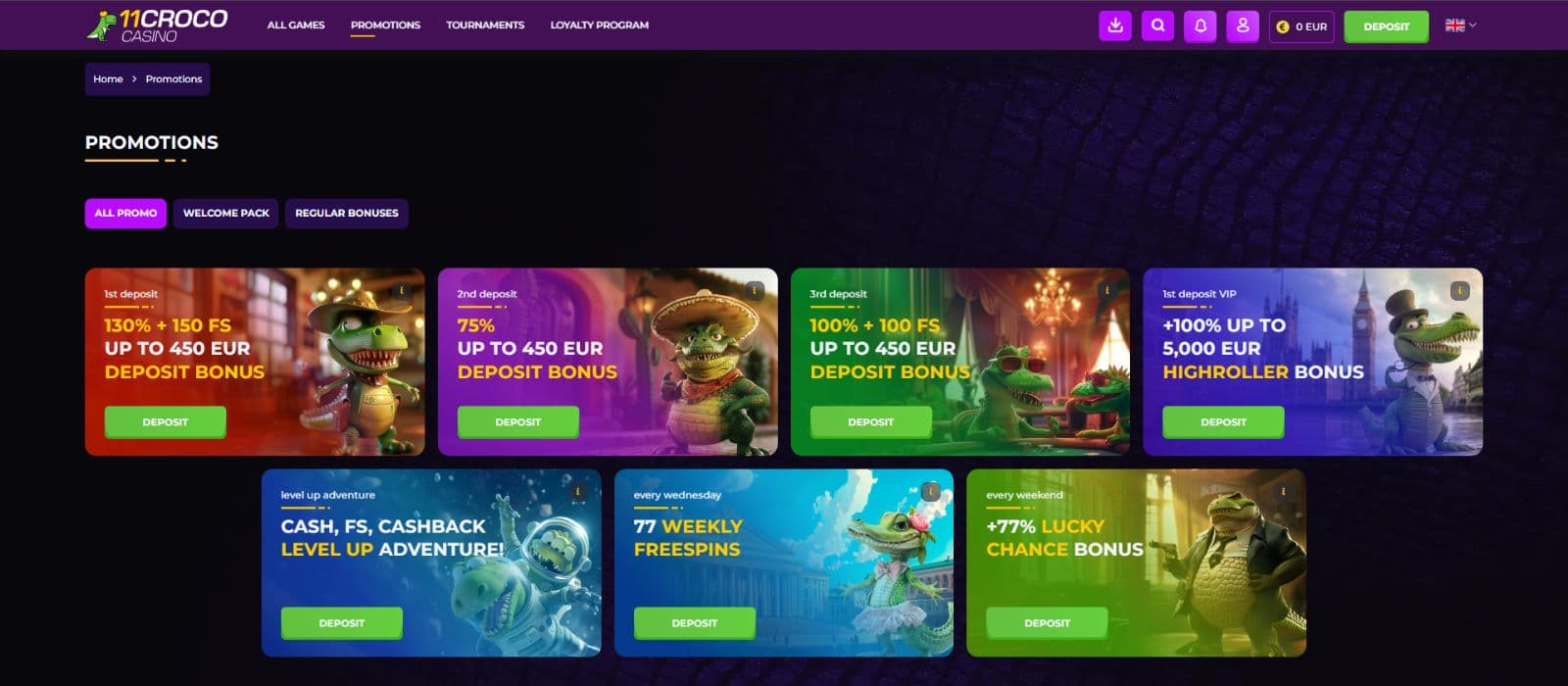 11 Croco Casino promotions page showing the welcome bonus offers and other promotions