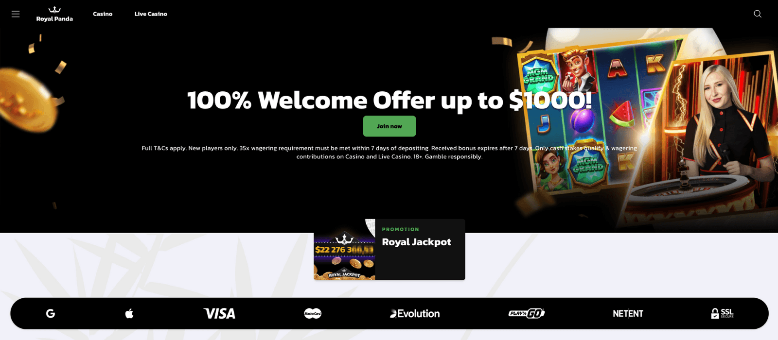 Royal Panda home page with welcome bonus