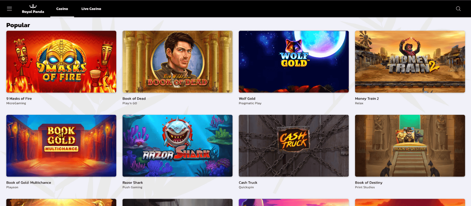 Selection of most popular slots on Royal Panda