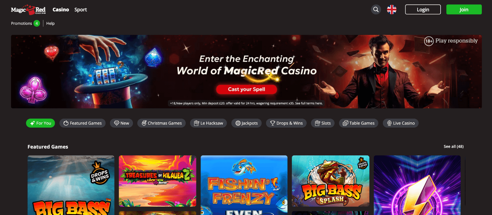 Magic Red flashy home page with top games