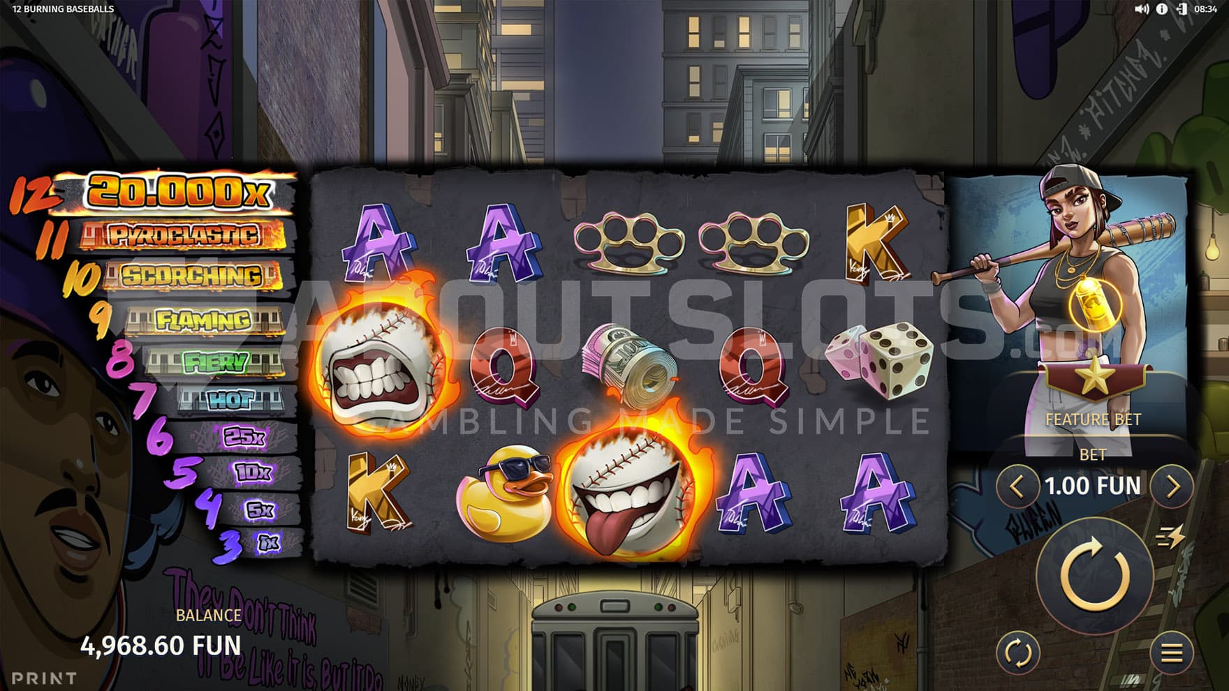 Base Game view of a 5x3 grid on a backdrop of a city's back alleys with a railroad track running through the middle.