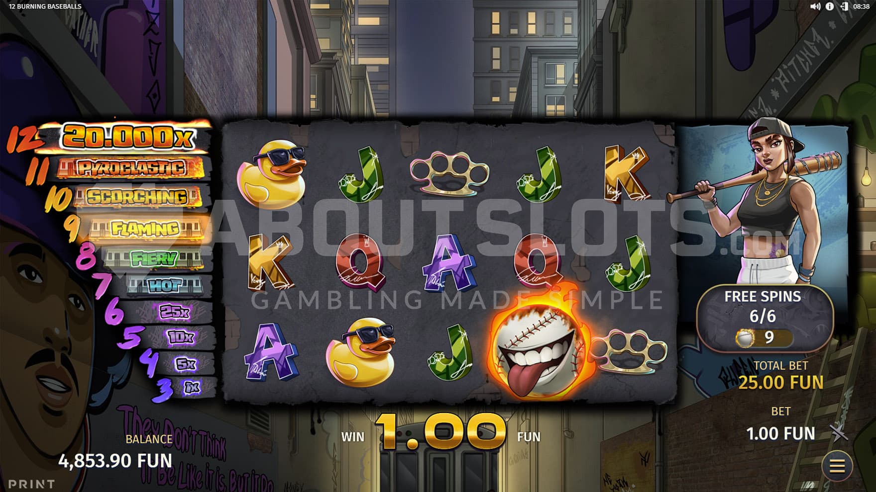 Home Run Spins bonus in progress, showing 9 Burning Baseballs accumulated throughout the feature.