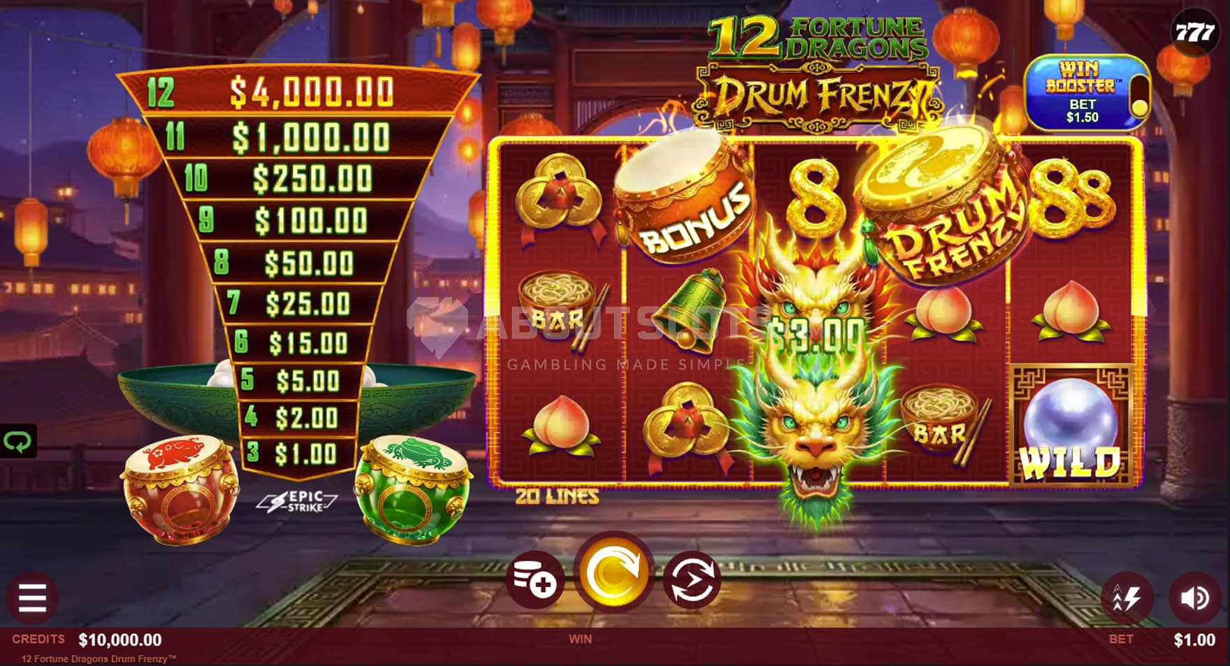 Screenshot of the base game, showing a 5x3 grid on a backdrop of a Chinese town.