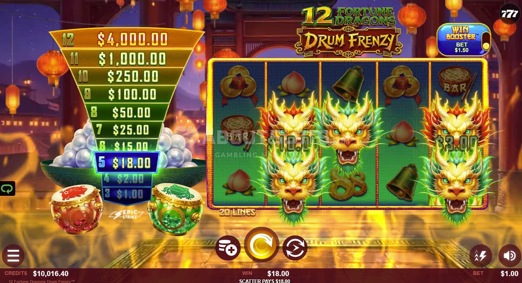 Screenshot of the Epic Strike feature triggered in the base game with 5 Epic Strike symbols.