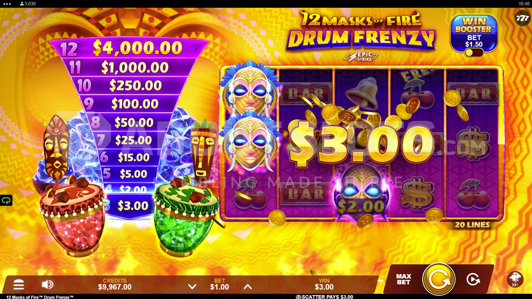 Base Game view of a 5x3 grid on a backdrop of African tribal patterns with a tower of cash prizes visible on the left.