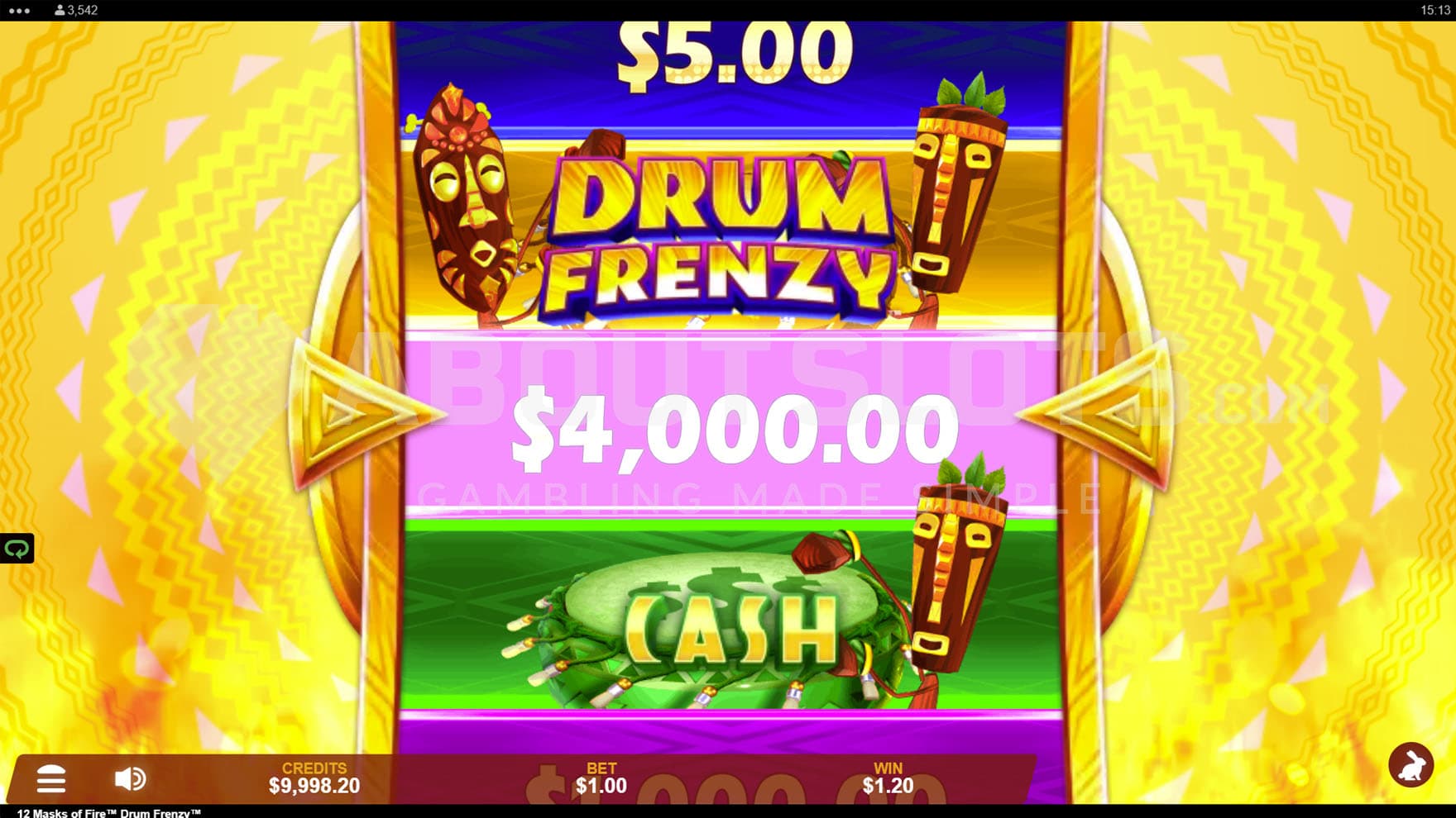 Tower Bonus in progress, awarding 1 spin on the wheel where players can win cash prizes and bonus rounds.