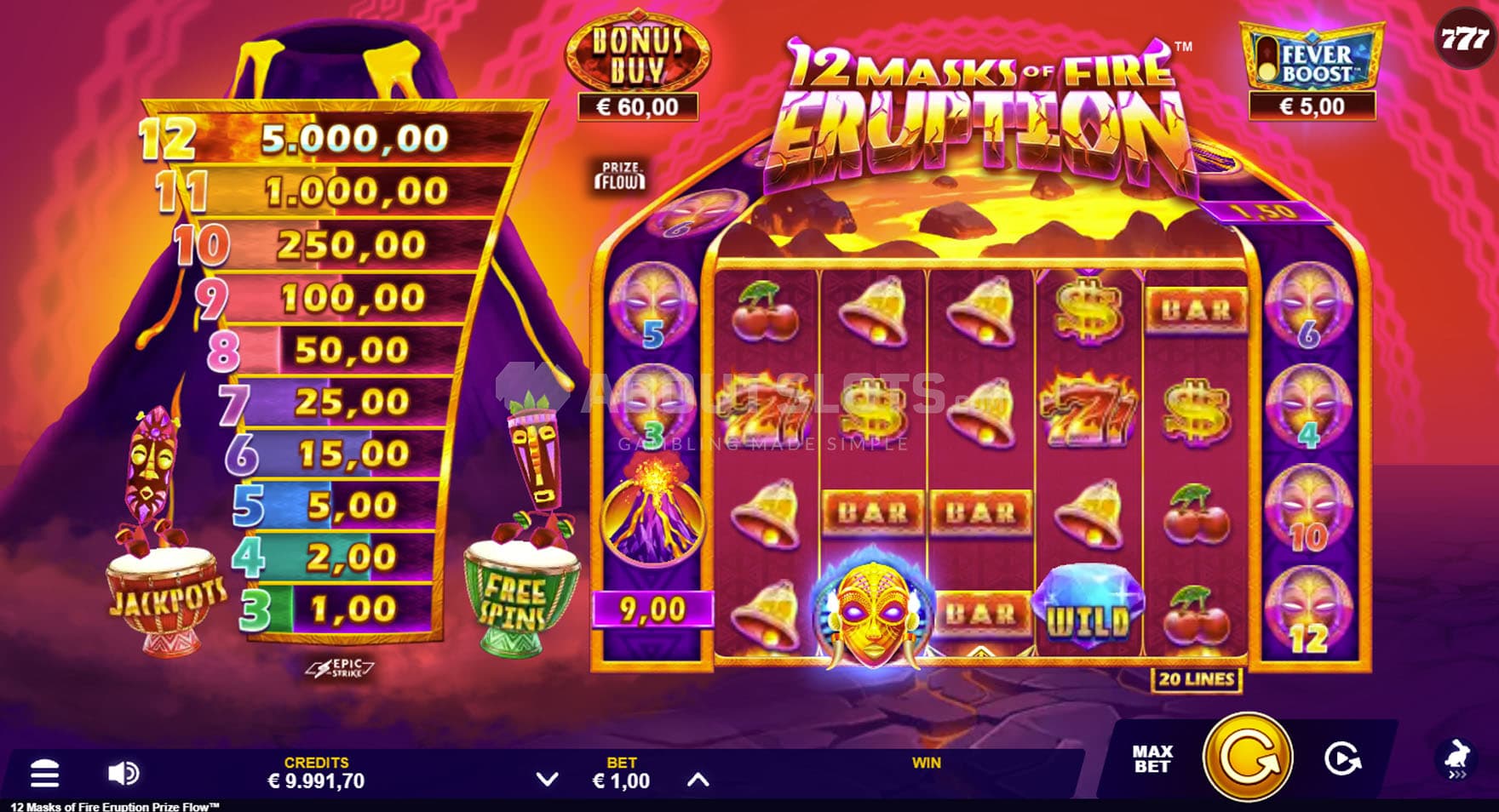 Screenshot of the base game, showing a 5x3 grid with a prize tower next to it.
