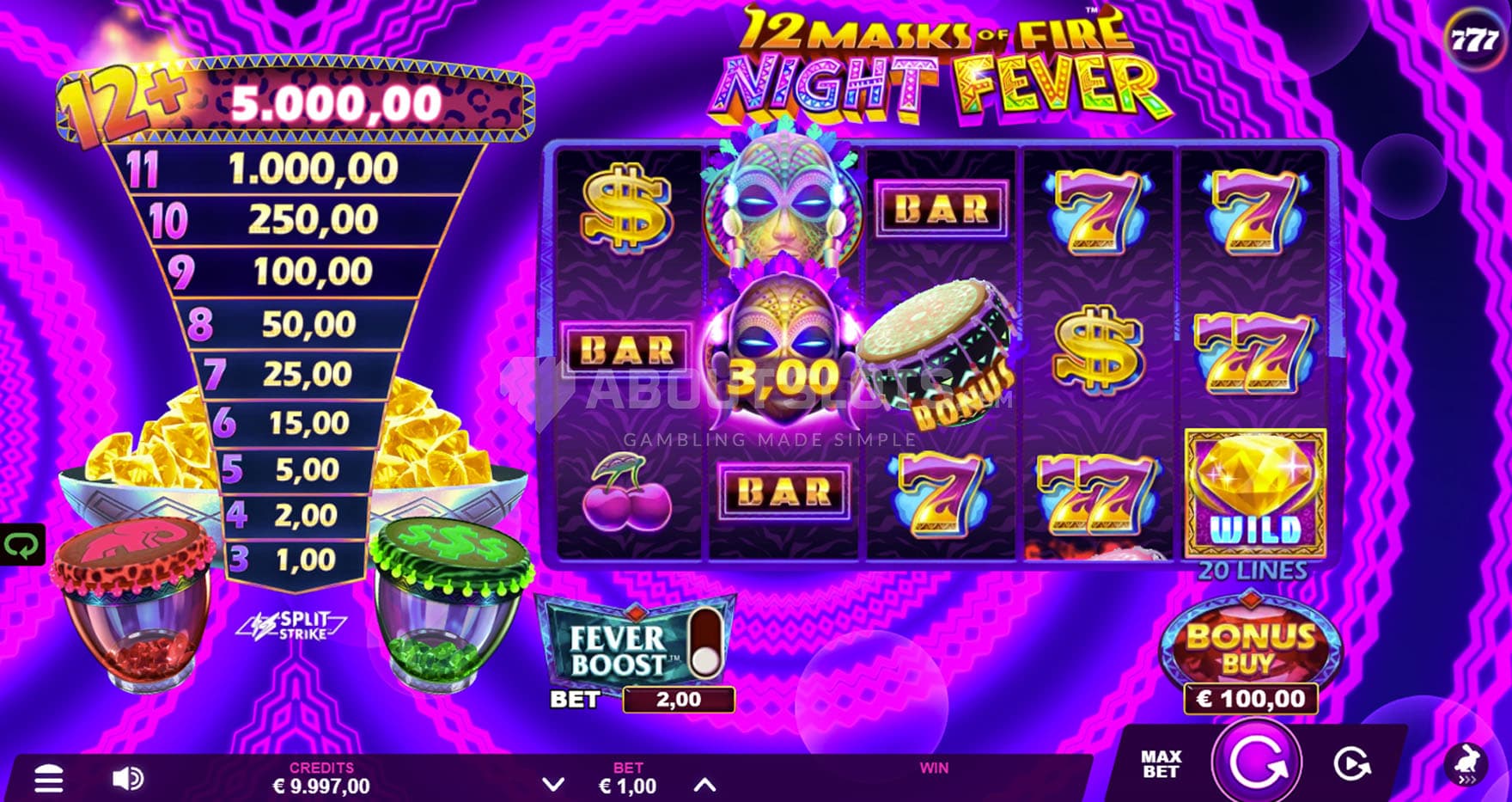 Base Game view of a 5x3 grid with a prize tower next to it on a backdrop of round, swirling purple patterns.