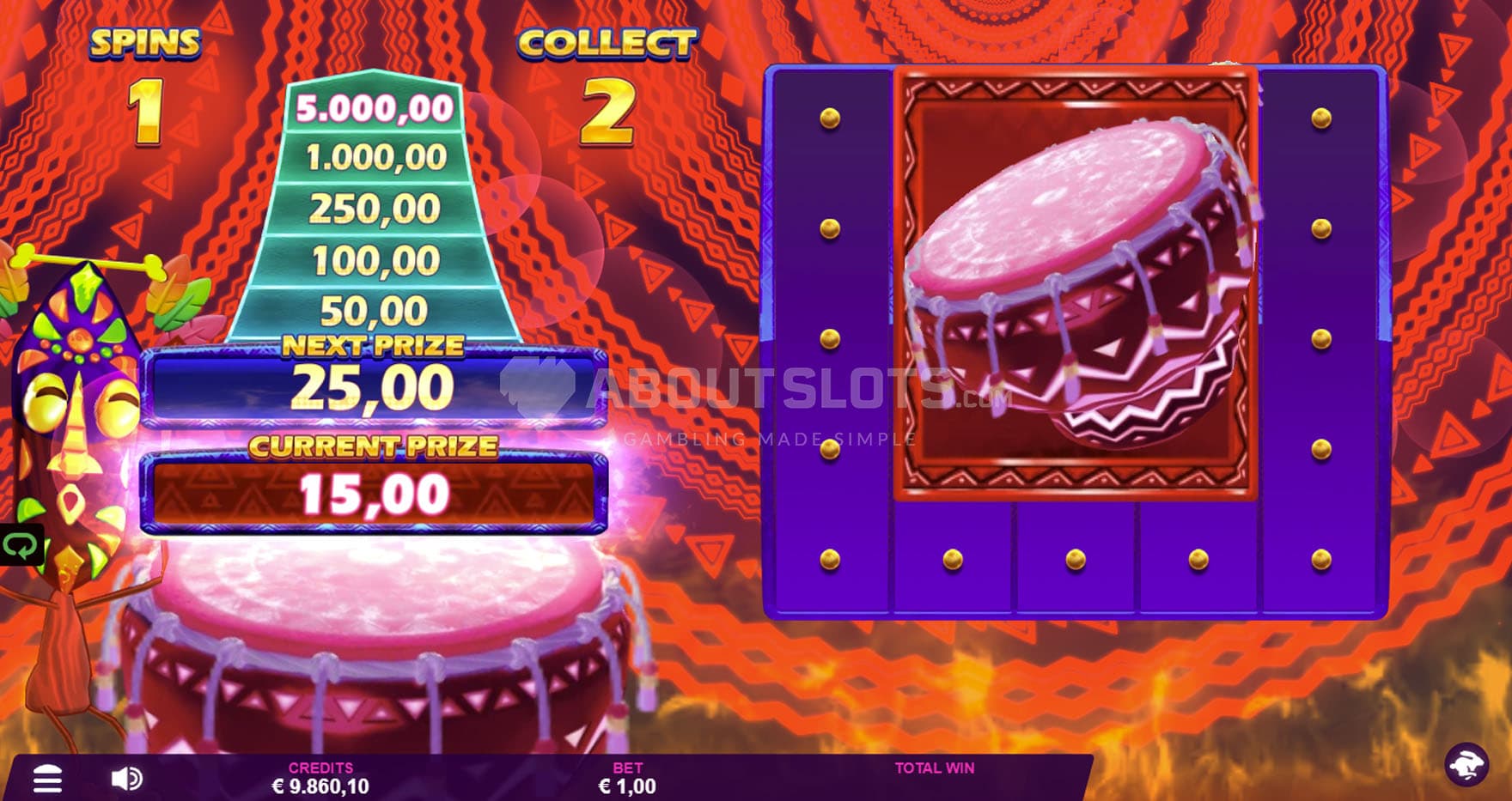 Bonus Spins in progress, showing a Jumbo Drum symbol landing on the grid.