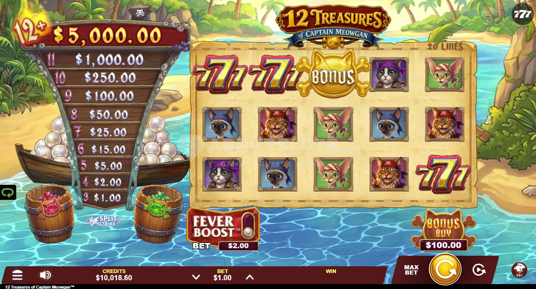 Screenshot of the base game, showing a 5x3 grid on a backdrop of a tropical archipelago.