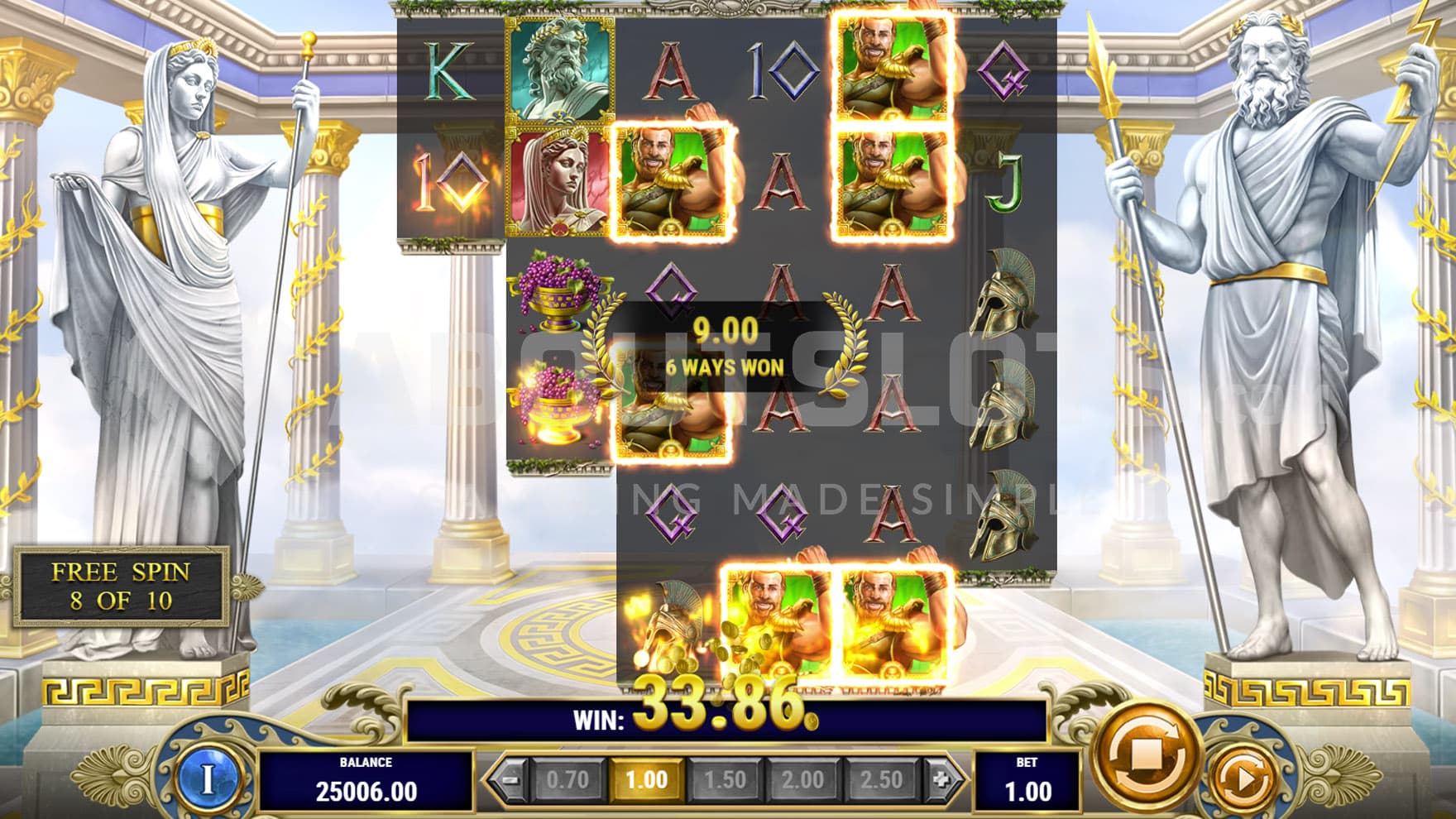 Free Spins bonus in progress, showing multiple sticky Hercules symbols on the grid.