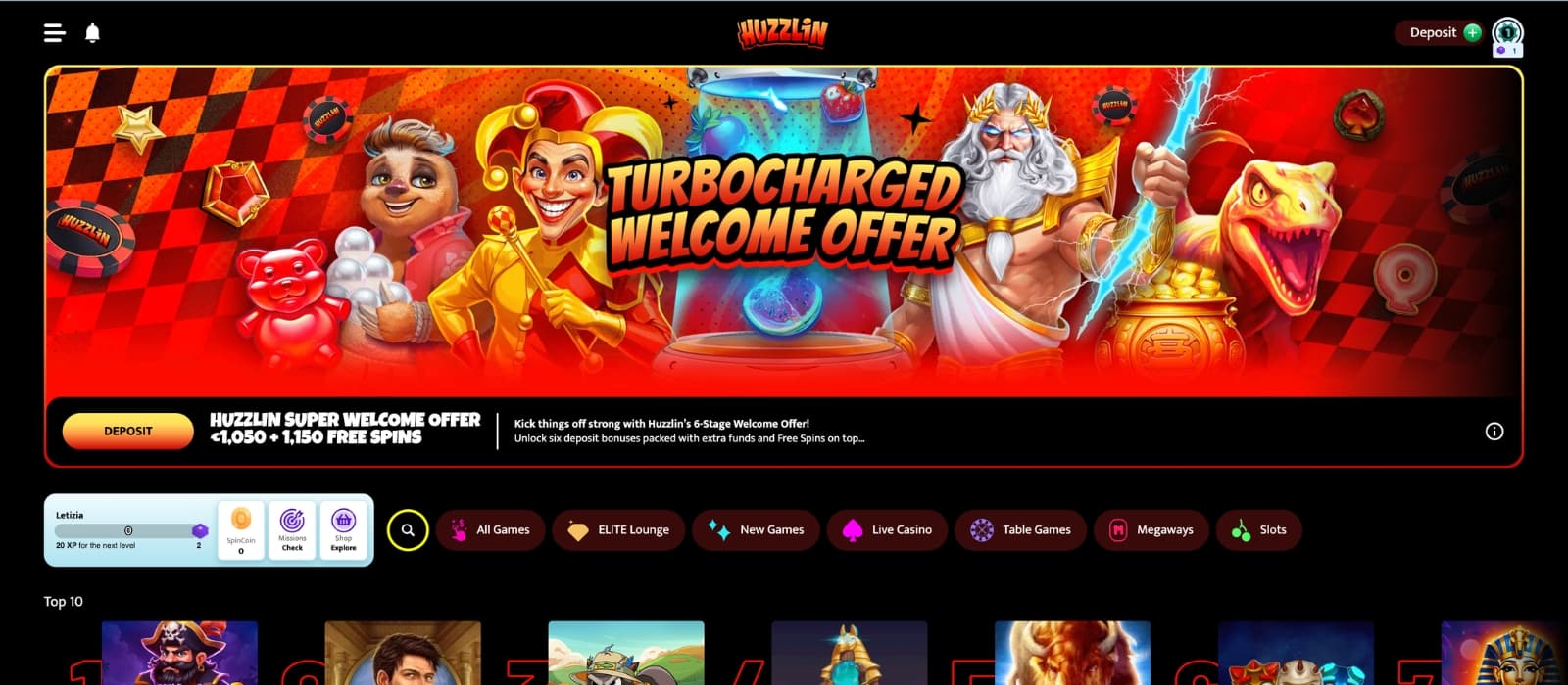 Huzzlin Casino homepage showing welcome bonus banner, modern dark interface, and featured slot games
