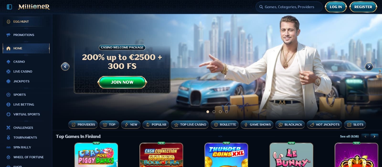 Millioner Casino homepage showing luxury-themed design, welcome bonus banner and featured slot games
