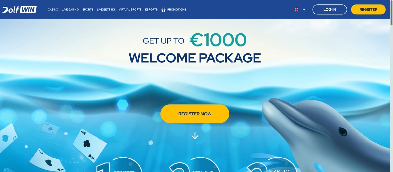 DolfWin Casino main homepage showing featured promotions and navigation menu