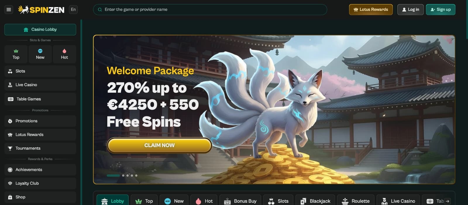 Spinzen Casino homepage screenshot with welcome bonus banners and game categories