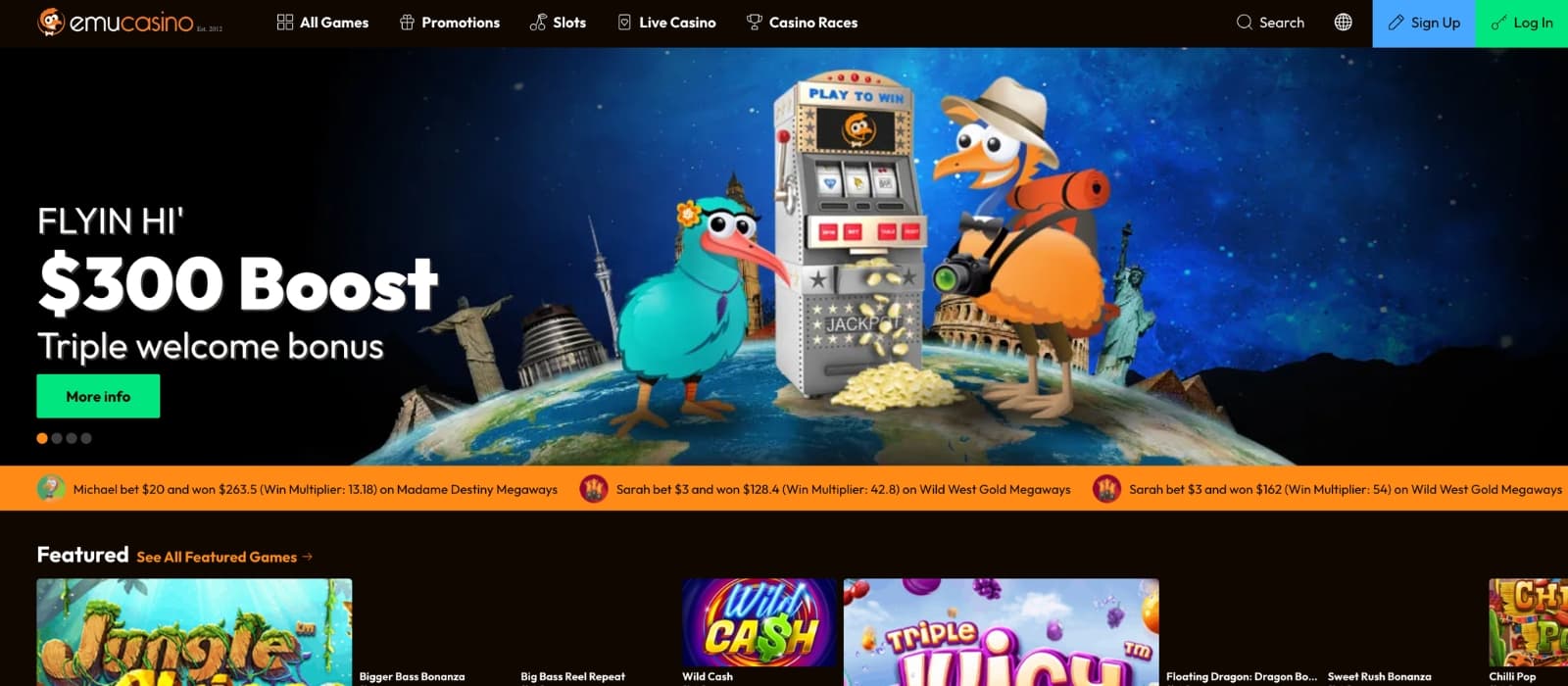 Emu Casino homepage showing promotional banners, navigation menu, featured welcome bonus offer, and sections highlighting popular games and providers.