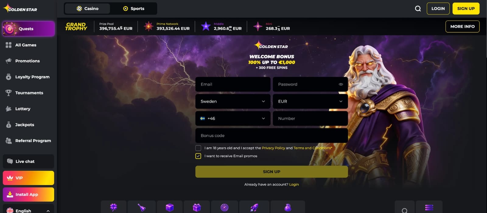 Golden Star Casino homepage featuring a dark casino-themed design with promotional banners, featured slot games, jackpot sections, and navigation for casino categories and player promotions.