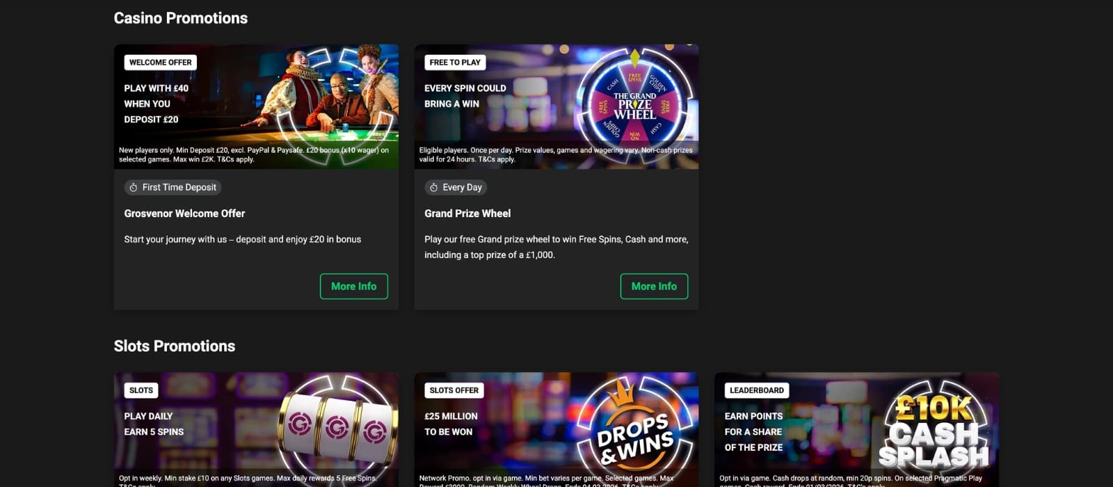 Overview of available bonuses and terms on Grosvenor Casino promotions