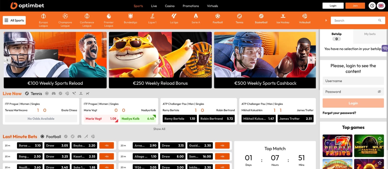 Optimbet casino homepage showing featured bonuses, navigation menu, and highlighted games