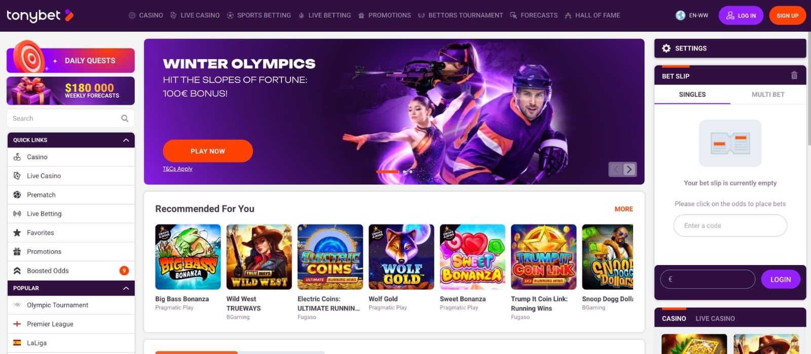 Front landing page of TonyBet showing current offers and game categories