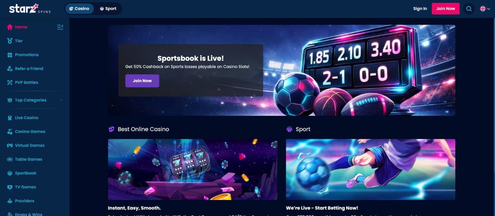 StarzSpins Casino homepage showing large bonus banner, featured games and navigation menu