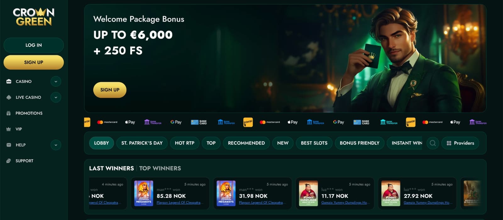 CrownGreen Casino homepage showing current promotions and menus