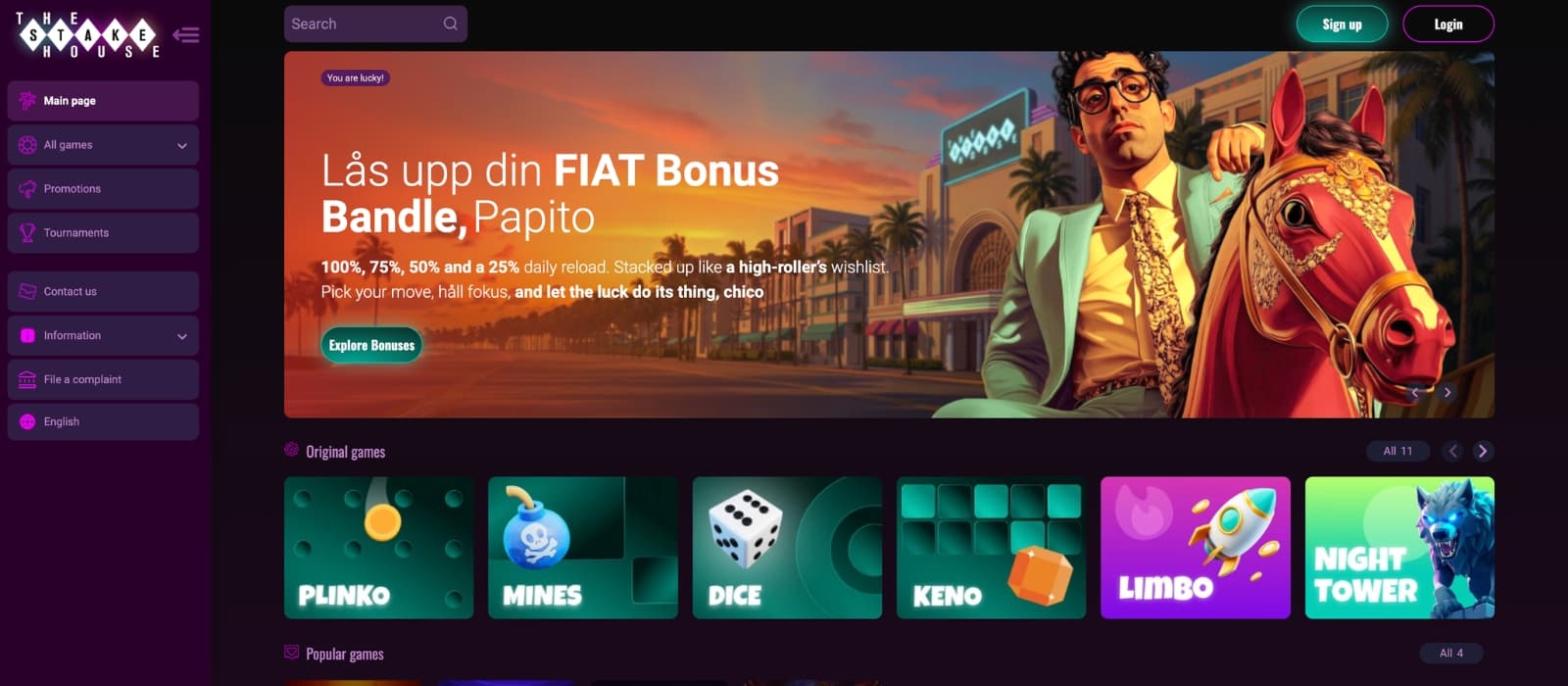 The StakeHouse Casino homepage showing welcome bonus banner and featured casino games