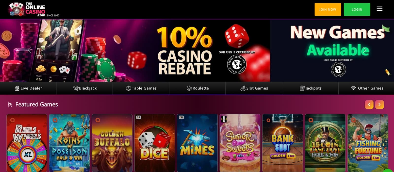 TheOnlineCasino homepage showing green-themed interface, welcome bonus banner and featured casino games