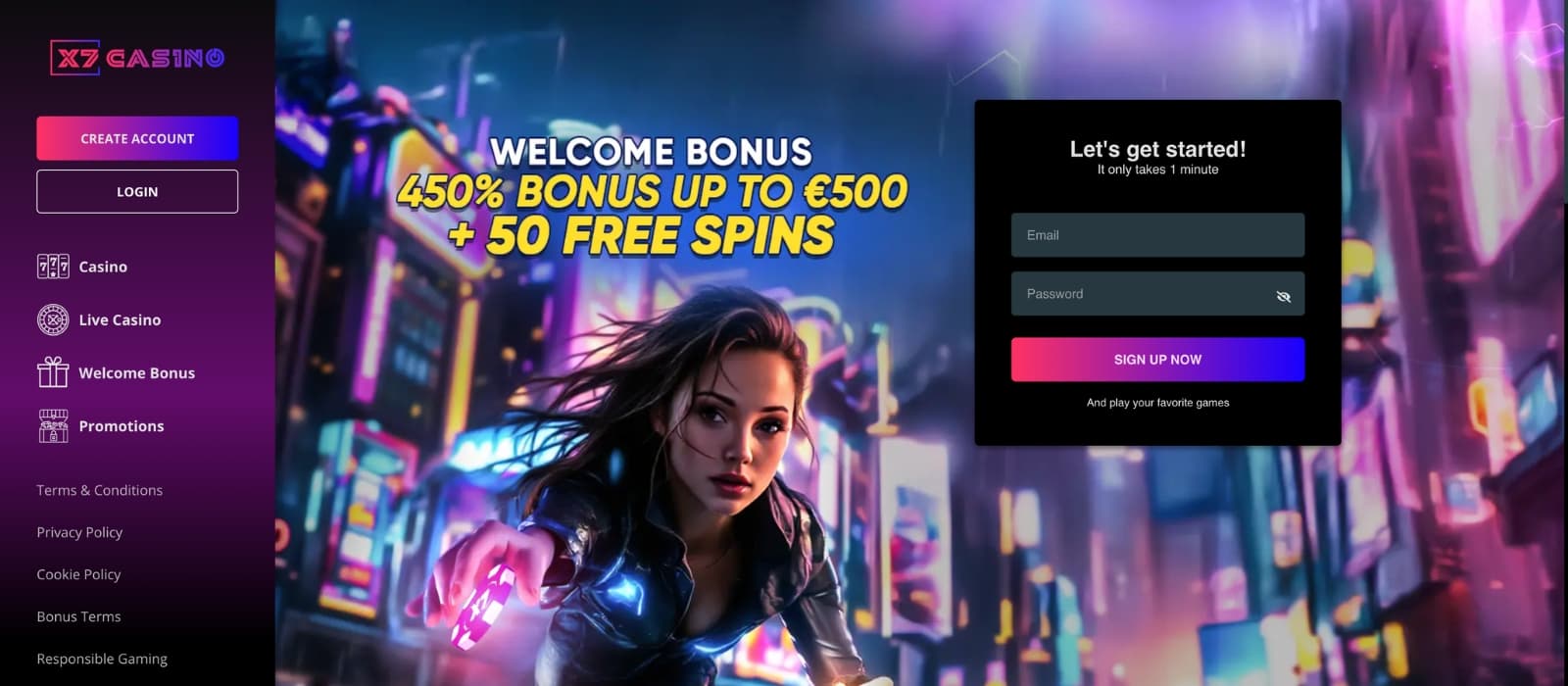 Landing screen of X7 Casino with current bonus offers and game categories
