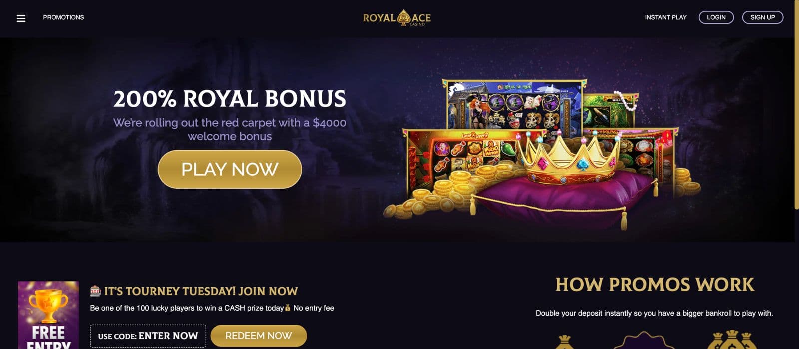 Royal Ace Casino promotions page displaying no deposit bonus, match bonus and free chip offers