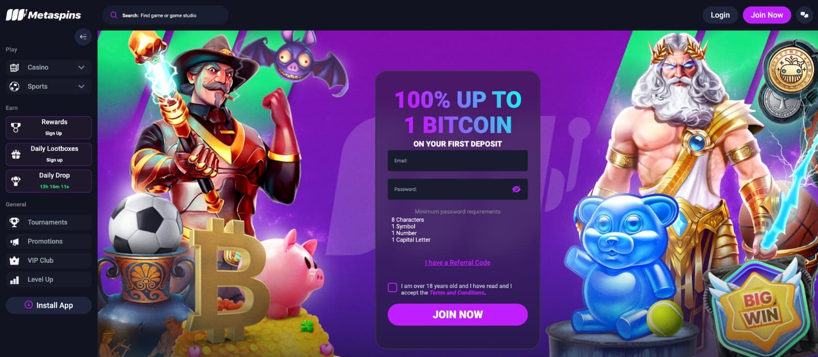 Front page of MetaSpins showing current bonus offers and game categories