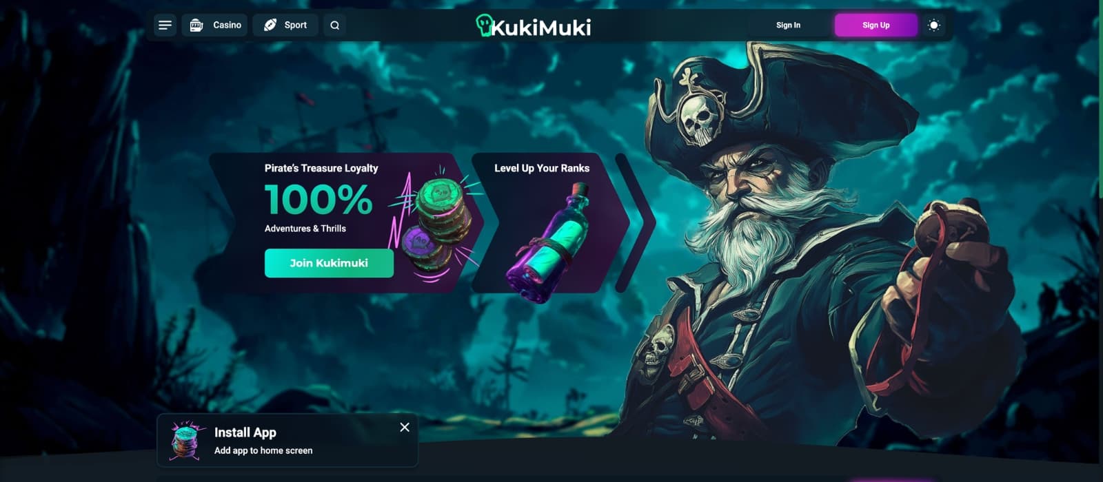 KukiMuki Casino homepage with pirate theme, welcome promo and game categories