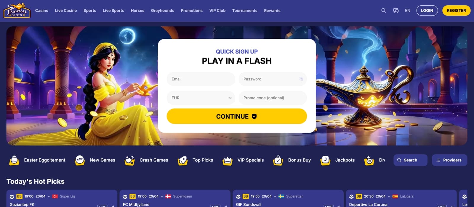 Jasmin Slots Casino homepage showing purple and gold themed design, welcome bonus banner and featured slot games