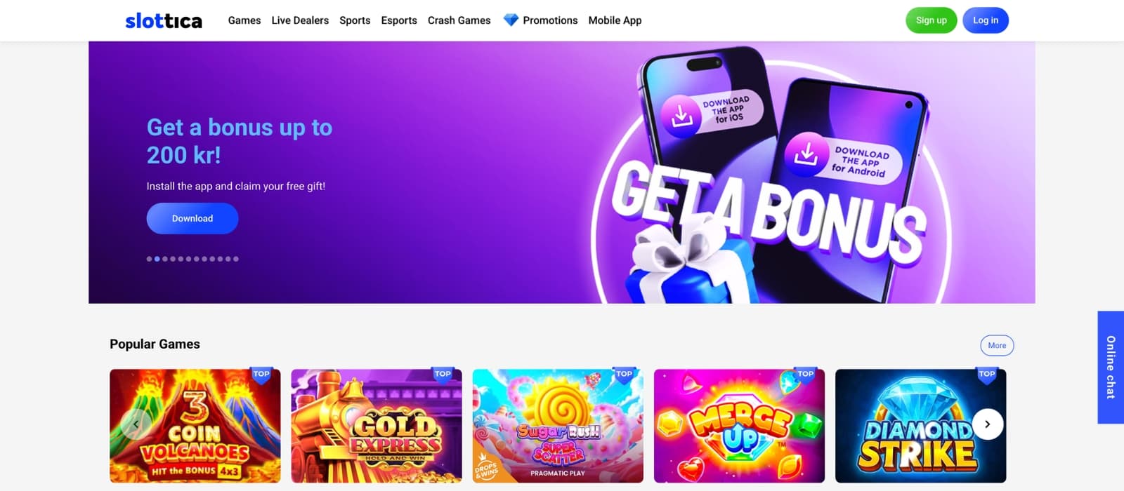 Slottica online casino home screen displaying current offers and play options
