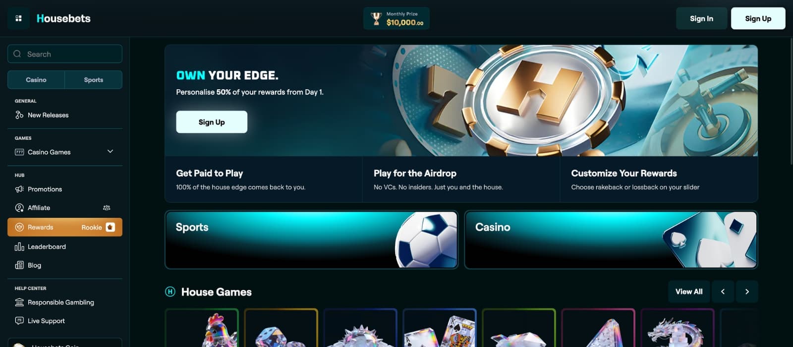 Housebets Casino homepage showing dark crypto-themed interface, sportsbook and featured casino games