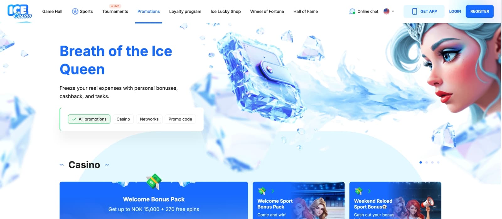 ICE Casino homepage showing highlighted promotions and navigation menu