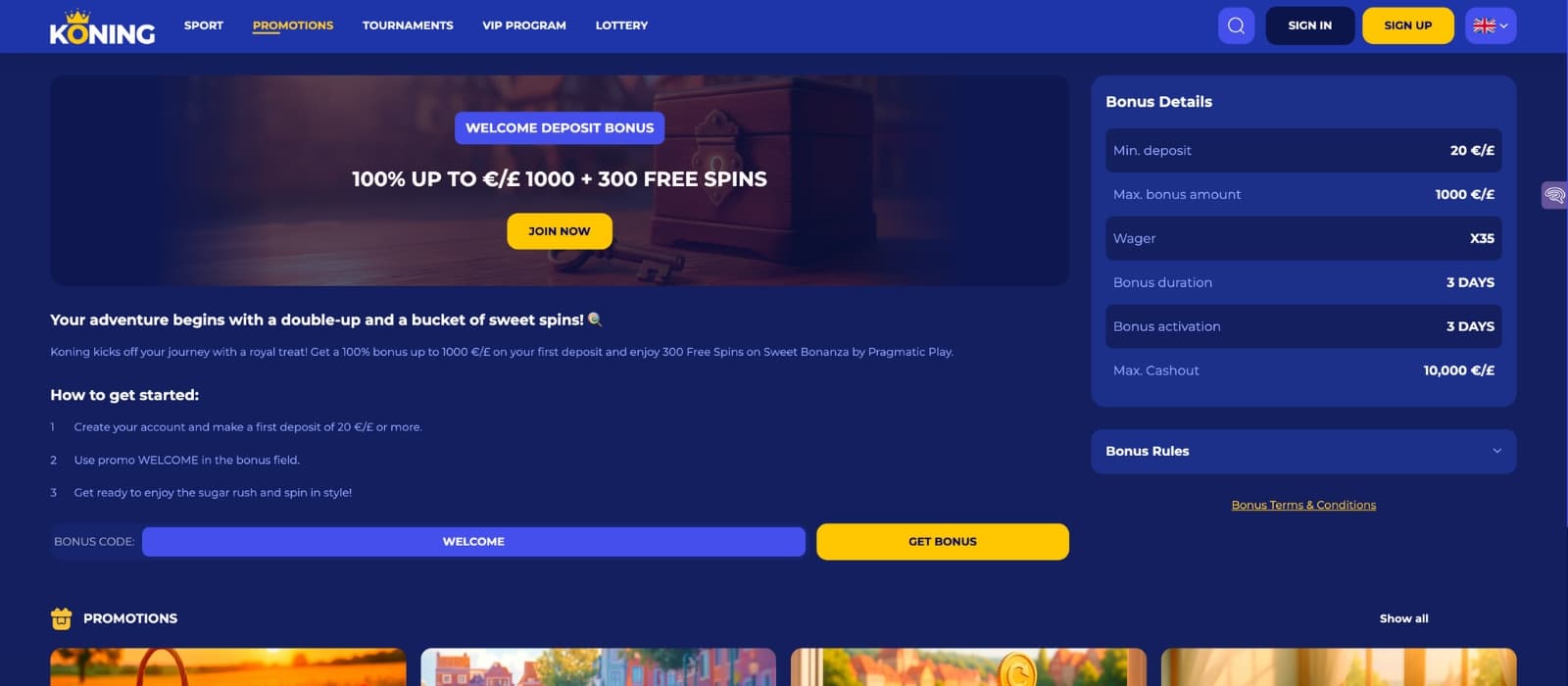 Casino game interface on Koning.bet with reels, bet options, and balance display