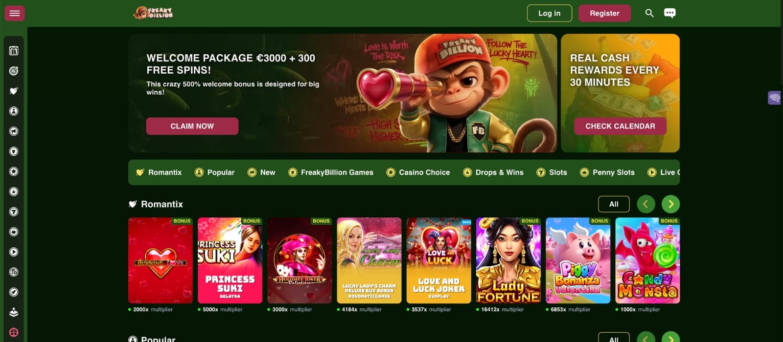 FreakyBillion Casino's landing page featuring the 3000 euro and 300 free spins welcome bonus with the monkey mascot banner above game categories and slot icon images