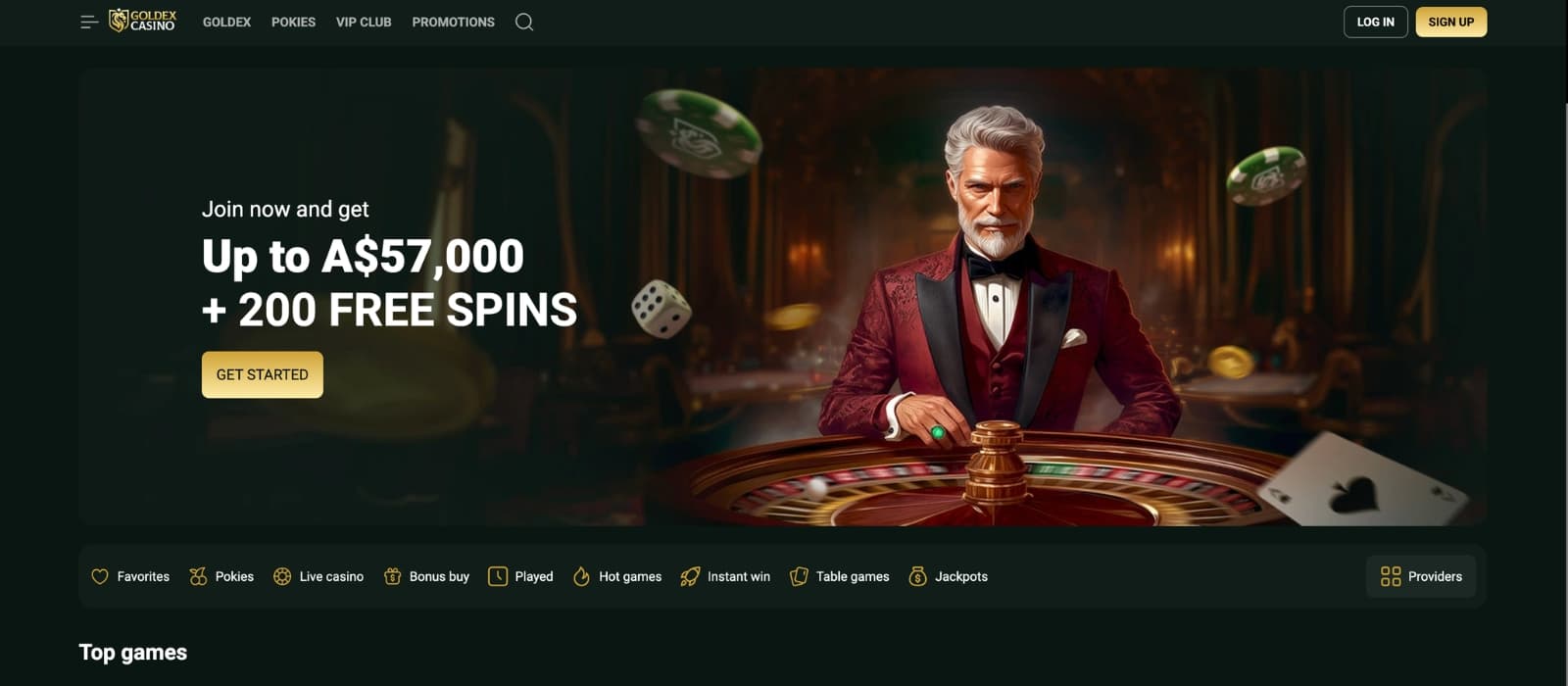 Goldex Casino homepage showing welcome bonus banner and featured slot games