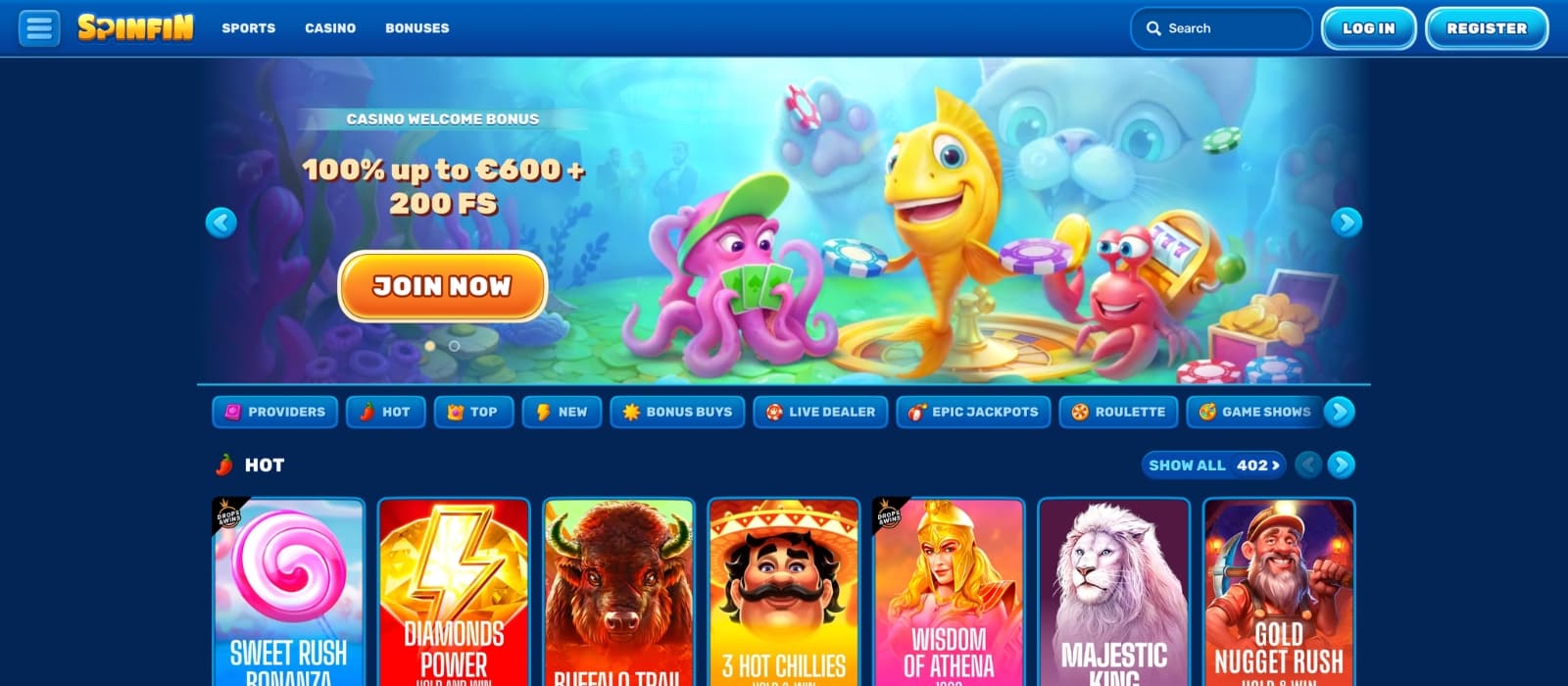 Spinfin Casino homepage with welcome bonus banner and featured slot games