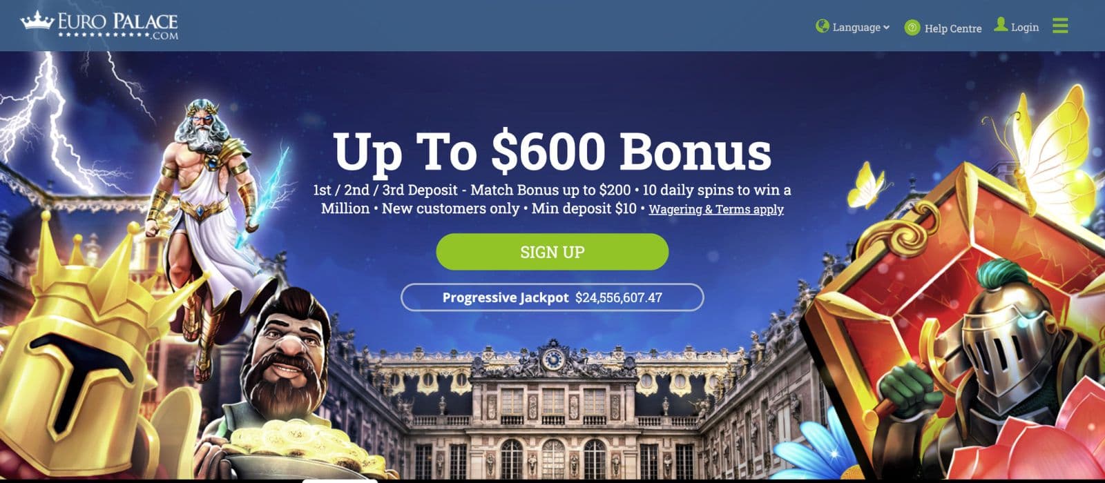 Landing page of Europa Palace with current bonus banners and game categories